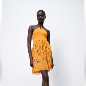 Orange Zara tie neck mini dress